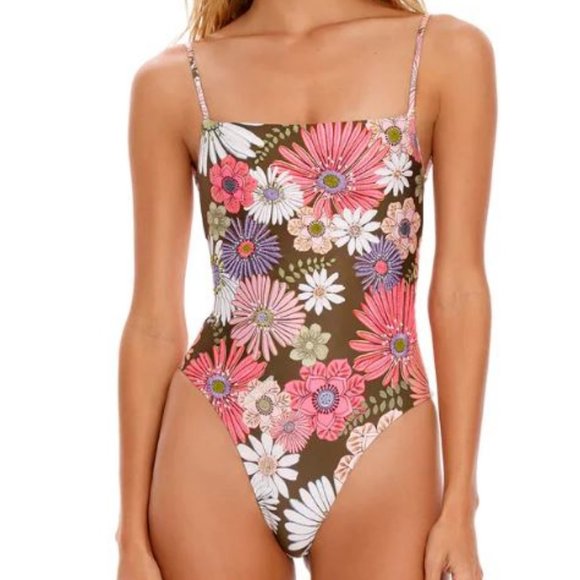 Agua Bendita Floral One Piece Swimsuit - Pink, White, Brown - Picture 1 of 4
